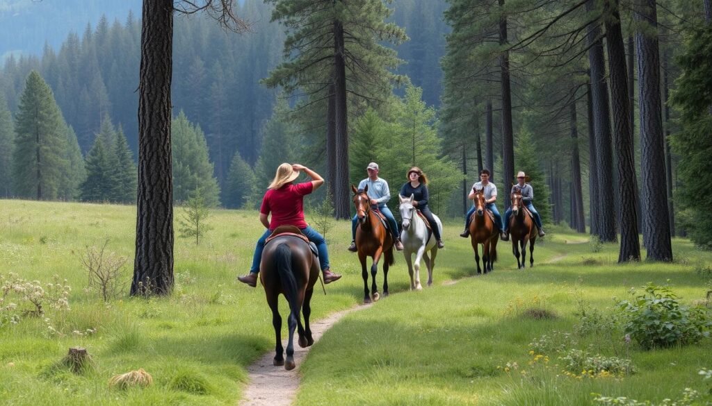 Genera un'immagine di un gruppo di persone a cavallo in una passeggiata nei boschi della Val di Sole Genera un'immagine di un gruppo di persone a cavallo in una passeggiata nei boschi della Val di Sole