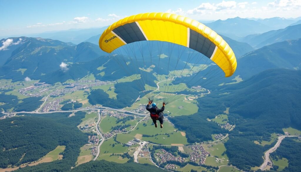 Genera un'immagine di un parapendio che vola sopra la Val di Sole Genera un'immagine di un parapendio che vola sopra la Val di Sole