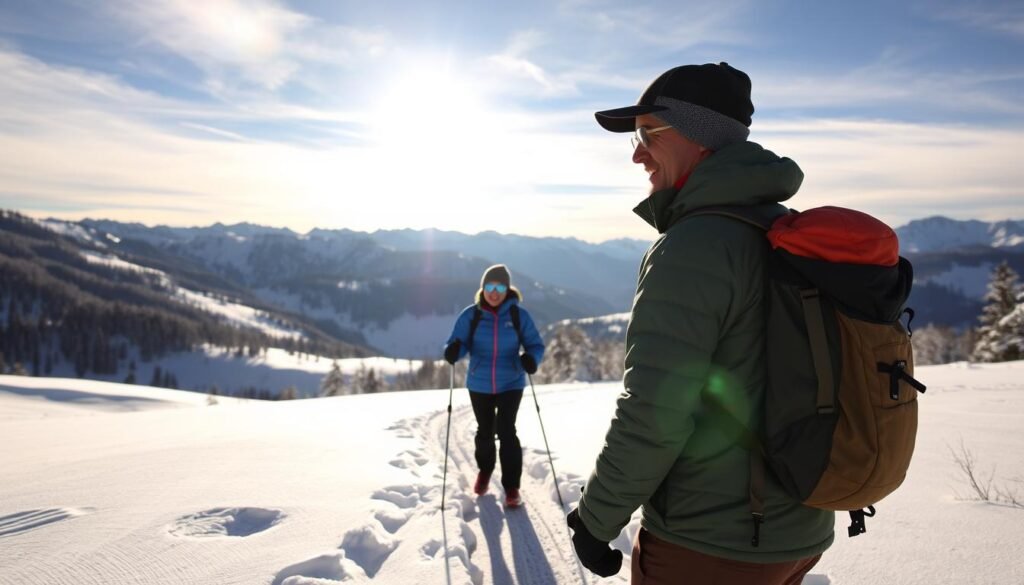 Genera un'immagine di una guida esperta che accompagna un gruppo in una escursione con le ciaspole in Val di Sole.