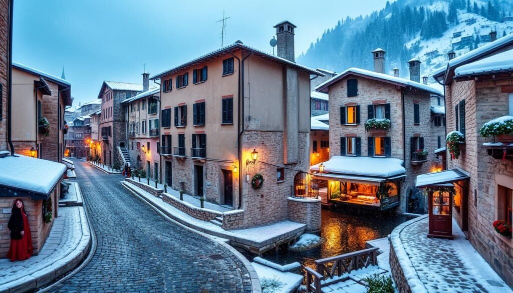 Immagina Rango e Canale di Tenno con le loro strade acciottolate e le case in pietra, immerse nella neve durante il Natale.