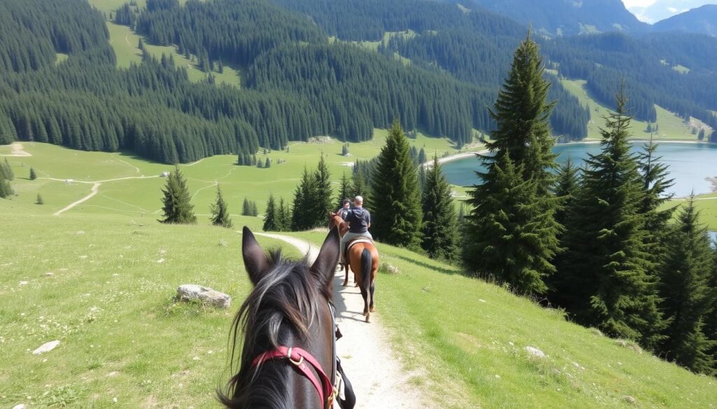 Immagina di cavalcare attraverso i sentieri panoramici della Val di Sole, circondato da boschi di conifere e prati verdi, fino a raggiungere il Lago dei Caprioli. Immagina di cavalcare attraverso i sentieri panoramici della Val di Sole, circondato da boschi di conifere e prati verdi, fino a raggiungere il Lago dei Caprioli.