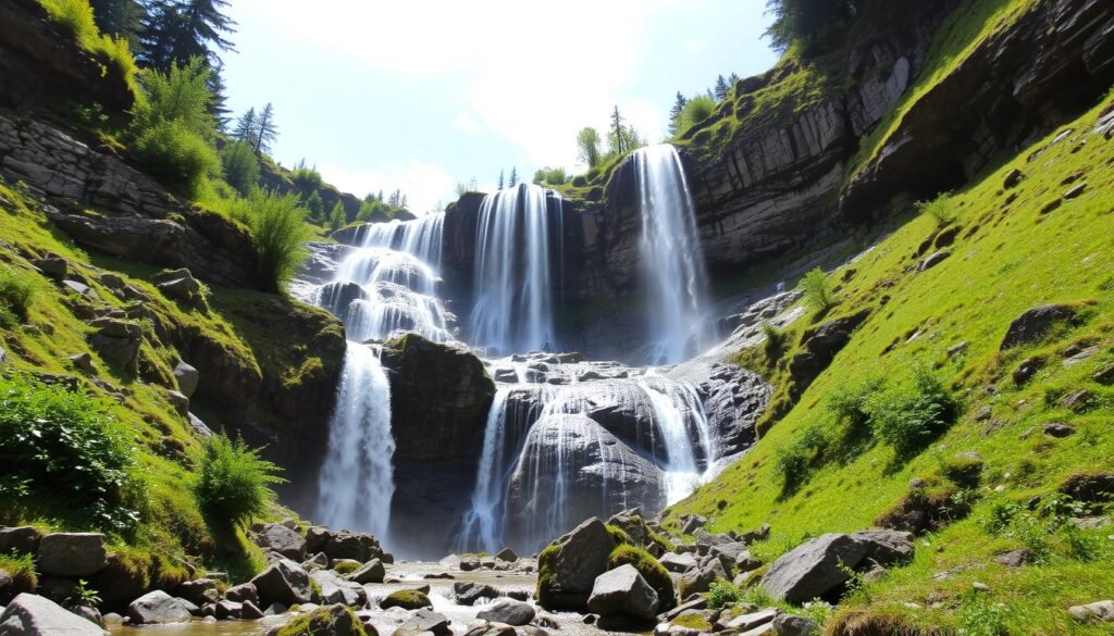 Immagina di trovarti di fronte alle Cascate di Saènt, immerse nella natura lussureggiante del Parco Nazionale dello Stelvio.