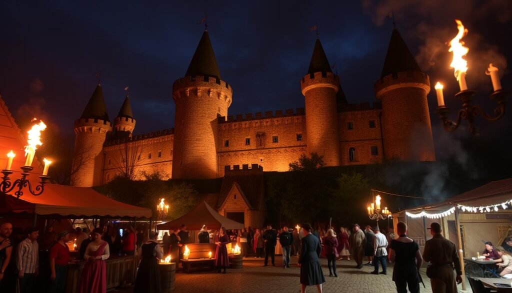 Immagina un castello medievale illuminato da torce e candele, con attività di rievocazione storica e giochi d'epoca.