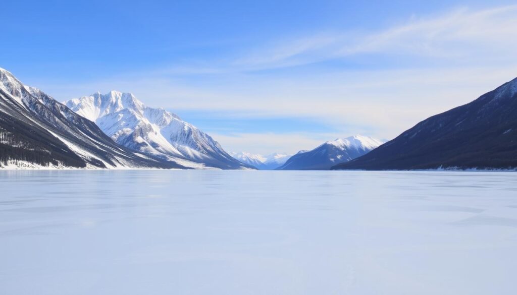 Immagina un lago ghiacciato circondato da montagne innevate