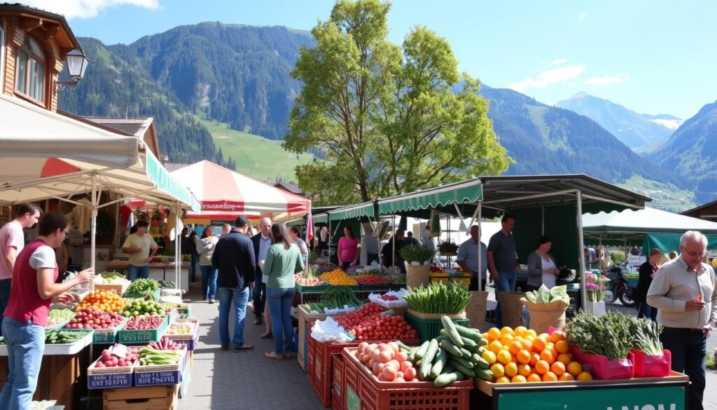 Immagina un mercato contadino nella Val di Sole, con prodotti freschi e locali.