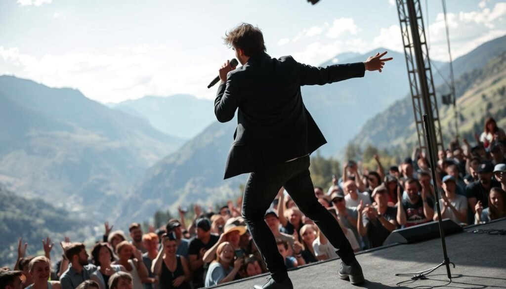 Immagina un'immagine di Niccolò Fabi sul palco a Vermiglio, con la folla in delirio sullo sfondo della valle.