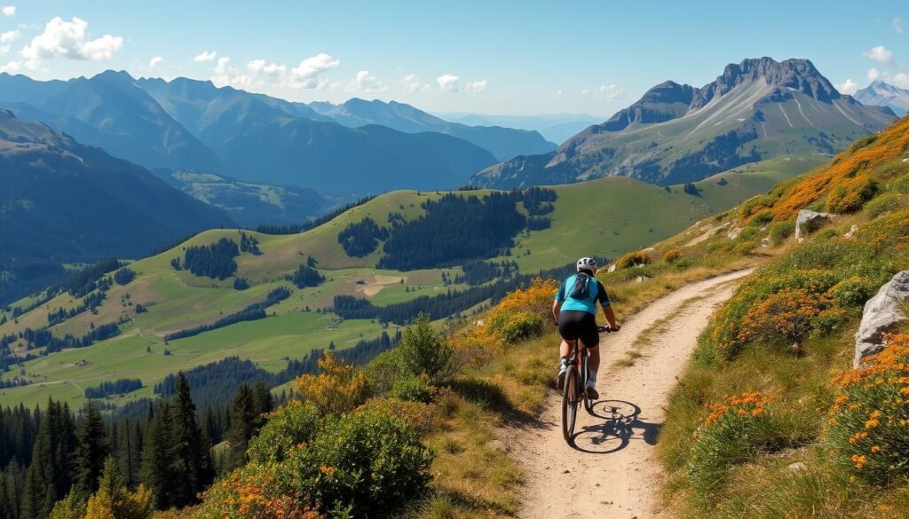 Immagine di un ciclista che percorre un sentiero di montagna in Val di Sole