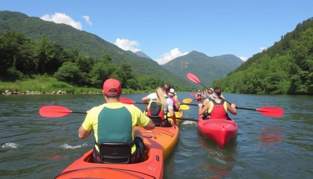 Immagine di un gruppo di persone che navigano sul Fiume Noce in kayak