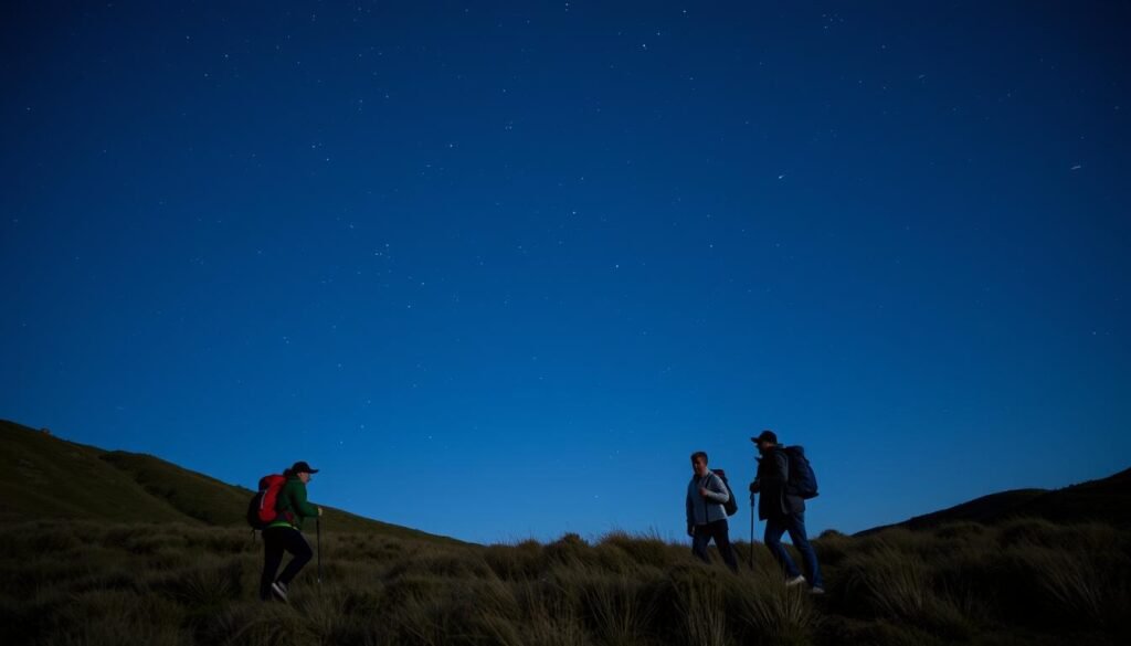 Immagine di un gruppo di persone in trekking notturno con stelle e costellazioni visibili nel cielo