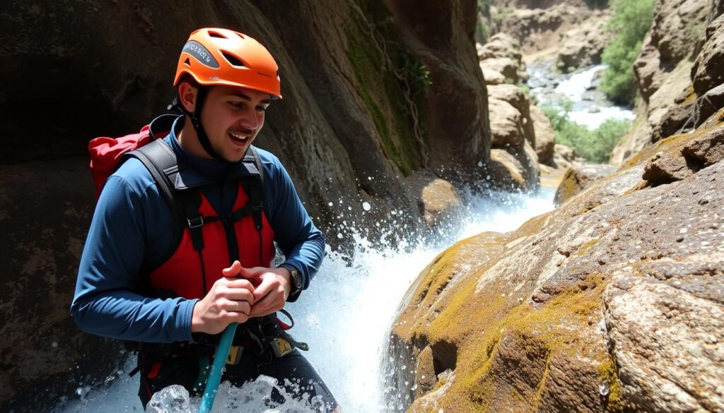Immagine di una guida alpina durante un'attività di canyoning