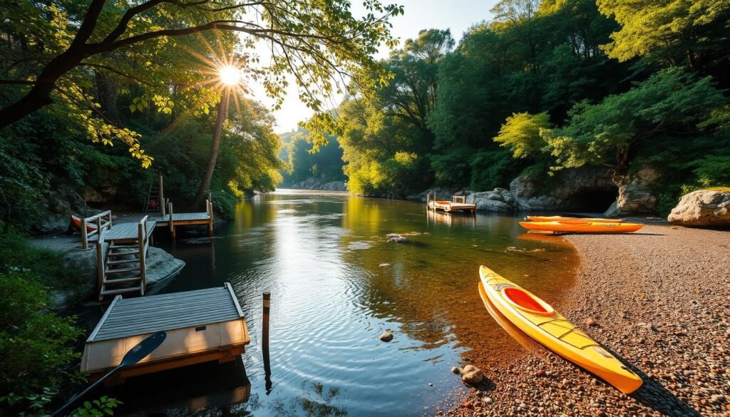 Serene riverside kayak launch points along the tranquil Noce River, Italy. Lush green banks and rocky outcroppings frame the gentle flow of the water, inviting adventurers to embark on their journey. Warm Mediterranean sunlight filters through the trees, casting a golden glow over the scene. Wooden docks and pebbled beaches provide easy access for kayakers of all skill levels to begin their Noce River expedition. The calm, reflective surface mirrors the surrounding nature, creating a picturesque setting for the start of an unforgettable paddling experience.