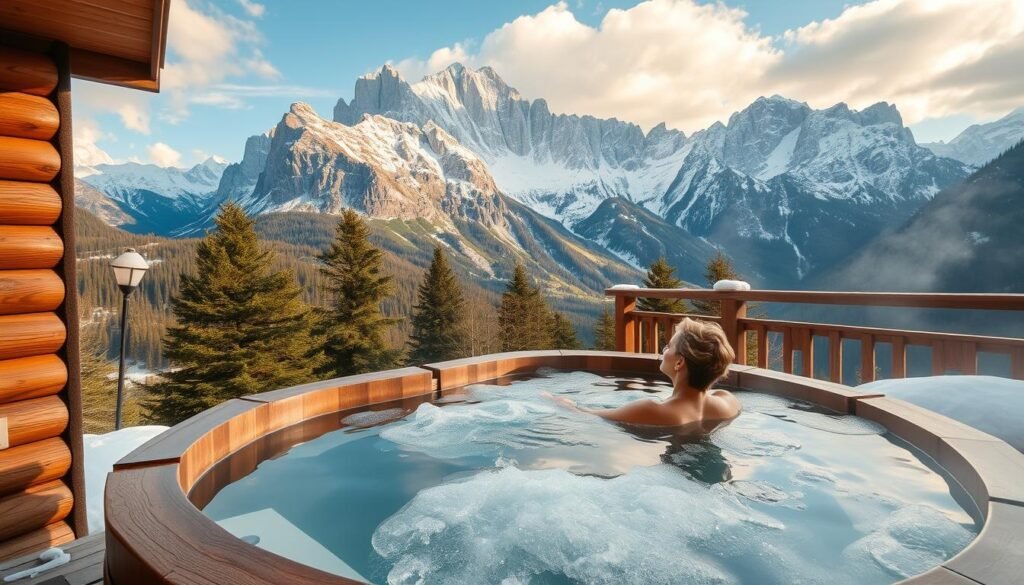 Un bagno caldo all'aperto in una tinozza di legno nelle Dolomiti
